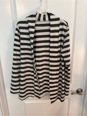 Black and White Striped Open Cardigan with Elbow Patches
